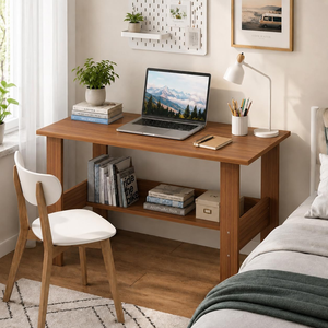 Bureau d'ordinateur moderne en bois avec étagère de rangement à un niveau, table d'étude pour ordinateur portable, poste de travail pour la maison, le bureau ou les étudiants - Product Image 5