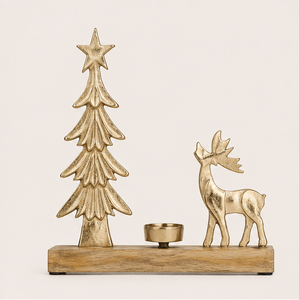 Candelabro de Lujo de Metal Dorado con Forma de Reno y Árbol de Navidad, con Base de Madera de Mango Natural, Elegante Centro de Mesa Artesanal para las Fiestas - Product Image 5