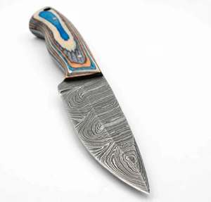 High contrast acid <b>etched</b> twist damascus steel Utility <b>Tool</b> with Layered Composite resin bone and wood handle - Product Image 3