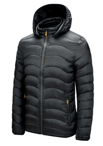 Blouson matelassé de luxe pour homme en toile avec capuche et logo frontal, respirant et coupe-vent, idéal pour les vêtements de travail en extérieur par temps froid. - Product Image 3