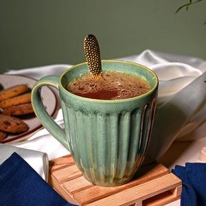 Groovy Green Ribbed Ceramic Coffee Mugs Handmade Striped Mug <b>Set</b> of 4 <b>Microwave</b> Safe Tea and Cappuccino Cups - Product Image 1