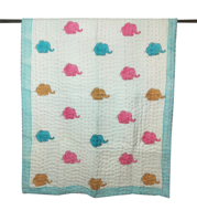 Couverture en coton matelassée avec motif d'éléphant de dessin animé, bordure bleue, pour une utilisation toute l'année à la maison