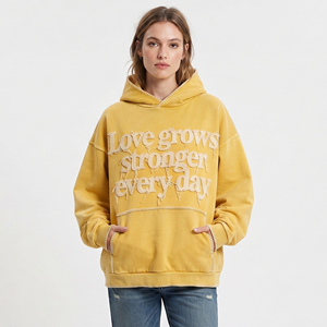 Sudadera con capucha oversize para mujer, amarilla, con estampado de letras desgastadas, jersey de punto, ropa de invierno, sudaderas con capucha bordadas con efecto desgastado para mujer - Product Image 2