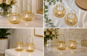Premium Gold Wire Candle Holder with Glass Insert Set of 2 Gold Metal <b>Lantern</b> Candle Holder with Handle Portable Home Decoration - Product Image 3
