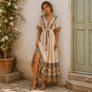 <b>Boho</b> Ethnic Print <b>Dress</b> Women Viscose Woven Breathable Anti-pilling <b>Summer</b> Maxi <b>Dress</b> - Product Image 1