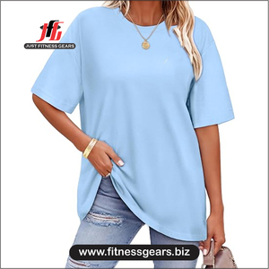 Women's O-Neck Short Sleeve T-Shirt Eco-Friendly 100% Polyester Solid Blue Knitted Casual Loose Fit Summer - Product Image 3