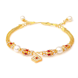 24K Gold Plated <b>Copper</b> Antique Style Kada <b>Bangles</b> with Zircon and Pearl - Product Image 1