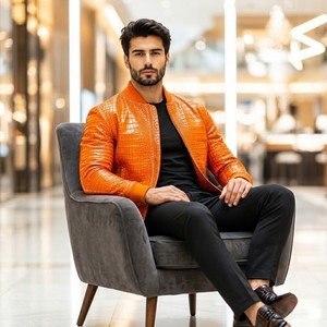 Blouson Bomber en Cuir Gaufré Croco pour Homme LEATHER SPOT – Décontracté, Respirant, Col Rabattu, Fermeture Éclair, Motif à Carreaux, Coupe Classique - Product Image 3