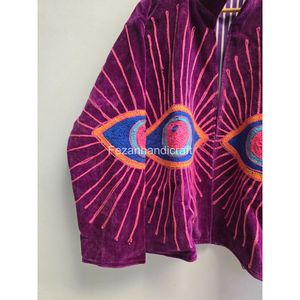 Purple <b>Velvet</b> Embroidered <b>Jacket</b> With Geometric Eye Pattern Full Sleeve Stand Collar Autumn Wear Hand Embroidery Design - Product Image 2