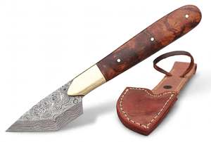 Handcrafted Raindrop Damascus Steel Precision <b>Craft</b> Utility <b>Knife</b> Burl Wood Handle Brass Bolster Leather Sheath - Product Image 5