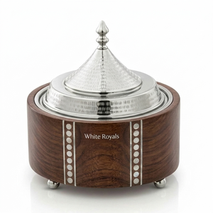 Cazuela de madera aislante White Royals con incrustaciones de nácar y tapa de acero inoxidable, cazuela redonda para Ramadán y Majlis - Product Image 1