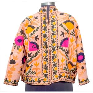 เสื้อแจ็คเก็ตบอมเบอร์คอวีผ้าฝ้ายลายดอกไม้สไตล์วินเทจสำหรับผู้หญิง ดีไซน์วาดมือ ใช้ได้หลายฤดู ระบายอากาศได้ดี แห้งเร็ว เป็นมิตรต่อสิ่งแวดล้อม พร้อมระบายผ้า - Product Image 1