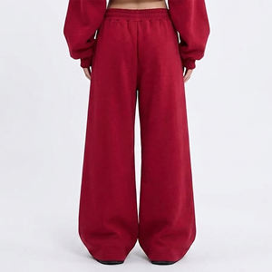 New Article <b>Women's</b> <b>Red</b> Fleece Wide Leg Pants High Waist Elastic Loose Fit Full Length Casual Solid Color Knitted Pants Autumn - Product Image 3
