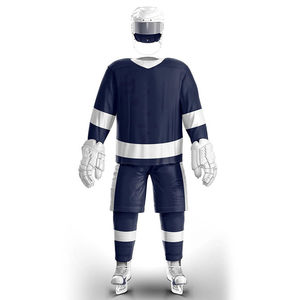 Uniforme de hockey sur glace pour homme, bleu marine, rayures blanches, col en V, manches longues, maille respirante en polyester, vêtements de sport d'hiver, coupe régulière - Product Image 1