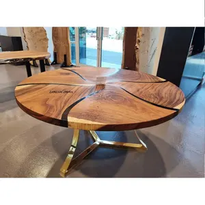 Custom Made Indian Acacia Wood Black Epoxy Round Dining Table By ZAMZAM IMPEX