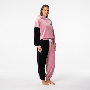 Ensemble sweat à capuche et pantalon en velours pour femme, color block rose et noir, manches longues, poignets côtelés, coupe ample, tenue décontractée - Product Image 2