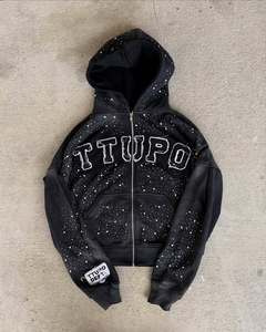 Custom Rhinestone Graphic Zip Hoodie Heavyweight Distressed Streetwear Hoodie Oversized Cotton Fleece Full Zip Up Hoodies - Product Image 1