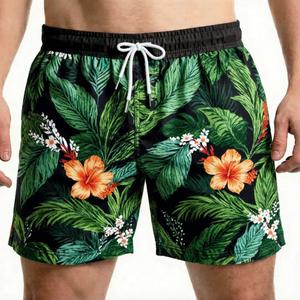 Traje de Baño para Hombre, Estampado Floral Tropical, Secado Rápido, Cintura Media, Cordón Ajustable, Shorts Casuales, 100% Poliéster Tejido - Product Image 1
