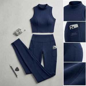 Conjunto de Yoga sin Mangas con Cuello Alto Azul Marino para Mujer, Leggings con Bolsillos de Cintura Alta, Ropa Deportiva para Gimnasio, Fitness y Entrenamiento, Conjunto de Dos Piezas - Product Image 4