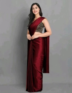 KV Women's Soild/Plain Bollywood Silk Blend <b>Saree</b> With Unstitched Blouse (<b>Maroon</b>) - Product Image 1