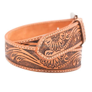 Ceinture en cuir pleine fleur marron de style western, classique, avec motif de feuille sculpté à la main et embossé, pour hommes et femmes - Product Image 6