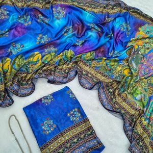 Sari en soie de qualité supérieure avec de véritables broderies miroir, broderies Zari dorées, broderies Chakri, motifs diamantés, magnifique imprimé, sari de créateur pour mariage et fêtes. - Product Image 5