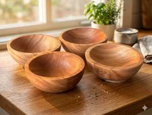Bol de service en bois à bords ondulés, fabriqué à la main, en bois d'acacia de mangue, pour les fêtes et la décoration de table. - Product Image 5