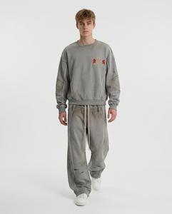 Survêtement gris pour homme, col rond, manches longues, couleur unie, vêtement décontracté avec logo brodé sur le devant, coupe ample, style automne, 100% coton - Product Image 4