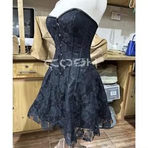 Elegante Vestido Corto de Satén Negro sin Tirantes con Encaje y Corsé con Varillas de Acero para Mujer, Vestido de Fiesta/Cóctel con Corte en A - Product Image 4