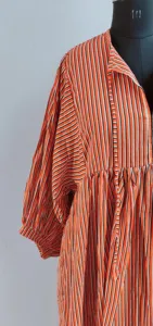 Boho Style Striped Handprint Midi <b>Dress</b> With Tie Neck Puff Sleeve <b>Loose</b> Fit Summer Casual <b>Dress</b> For Women - Product Image 2