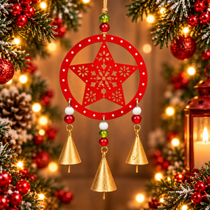 Adorno Colgante de Hierro Forjado con Diseño de Estrella Celestial, Marco Circular con Recortes de Pétalos Intrincados y Tres Campanas Cónicas Esculpidas - Product Image 2