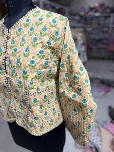 Hand Embroidered <b>Quilted</b> Cotton <b>Jacket</b> Floral <b>Pattern</b> Mandarin Collar Full Sleeve Autumn Women's <b>Jacket</b> GIFT FOR HER - Product Image 6