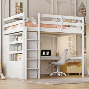 Letto a Soppalco Bianco Full-Size con Armadio Integrato, Scrivania e Scaffali - Soluzione Completa di Arredamento in Legno - Product Image 2