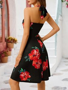 Robe d'été sans manches pour femme, col halter, motif floral, avec poches, taille élastique, mini-robe à volants, collection Printemps 2026 - Product Image 4
