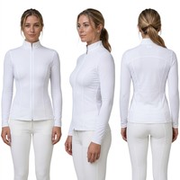 Haut de base équestre blanc pour femme, col montant zippé, manches longues, certifié OEKO-TEX, respirant et anti-humidité, personnalisable OEM