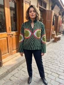 Blazer vert brodé pour femme avec motif œil, col mandarin, fermeture éclair, manches longues, vêtement d'extérieur pour l'automne - Product Image 3
