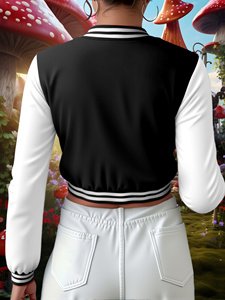 เสื้อแจ็คเก็ตวาร์ซิตี้สำหรับผู้หญิง สีดำ สีขาว แขนยาว ครอปท็อป สีพื้น ปกคอพับ ปิดด้วยกระดุม ใส่ได้ในฤดูใบไม้ร่วง - Product Image 3