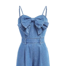 Mono vaquero de mujer con lazo, cuello halter, pierna ancha, cintura alta, atuendo casual de verano - Product Image 2