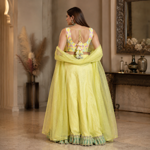 Luxury Modern Plus Size Bridal Yellow Lehenga Choli Lace Embellishments <b>Sequin</b> Embroidery | Floor-Length Wedding Sangeet Wear - Product Image 3