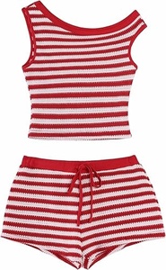 Women's Striped Knitted <b>Crop</b> <b>Top</b> And Shorts Set Off Shoulder Sleeveless Drawstring Waist <b>Red</b> White Two Piece Outfit - Product Image 4