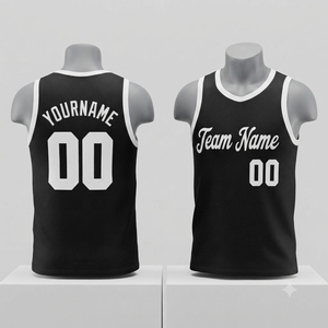 Maillot de basketball noir personnalisé pour homme, sans manches, en maille sublimée, respirant, coupe régulière, débardeur à col en V - Product Image 1