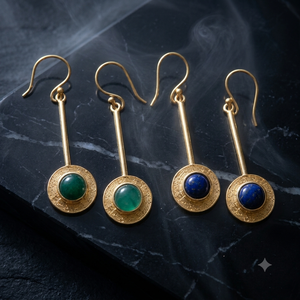 Boucles d'oreilles pendantes géométriques rondes en laiton plaqué or avec onyx vert, lapis-lazuli et malachite pour femme - Product Image 1