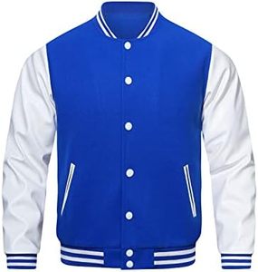 <b>Men's</b> Varsity <b>Jacket</b> Blue <b>White</b> Color Block Button Front Preppy Style Regular Fit Polyester Cotton Shell Turn-down Collar <b>Jacket</b> - Product Image 2