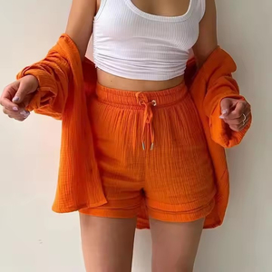 Conjunto de Dos Piezas Oxford Rosa Sólido para Mujer, Corte Holgado, Cierre de Botones, Traje Casual de Verano con Cuello Camisero y Tres Bolsillos - Product Image 4
