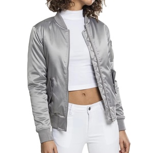 Women's Silver Bomber <b>Jacket</b> Satin Metallic Flight Coat Shiny Light Grey Windbreaker Zip Up Padded Outwear Casual <b>Pilot</b> <b>Jacket</b> - Product Image 1