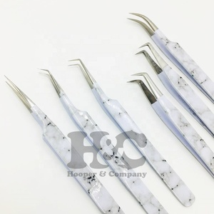 Nouvelles pinces en acier inoxydable anti-magnétiques durables au design marbré pour extensions de cils en vison, pointes lisses/dentelées, logo personnalisé - Product Image 5
