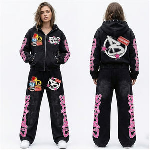 High Quality 400gsm Heavyweight Cotton Fleece Tracksuit Custom Acid Wash Full Zip Hoodie and Wide Leg Pants Set Men's Streetwear - Product Image 1