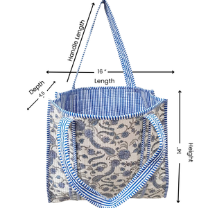 กระเป๋าผ้าฝ้ายพิมพ์ลายด้วยมือ ลายดอกไม้สีฟ้า กระเป๋าชายหาดและช้อปปิ้งแบบเย็บติดกัน ขนาด 14x16 นิ้ว เป็นมิตรกับสิ่งแวดล้อม ใช้ซ้ำได้ รับสกรีนโลโก้ - Product Image 2