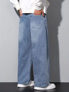 Men's Classic Wide-Leg Denim Jeans | Relaxed Fit <b>Light</b> Wash Baggy Cotton <b>Trousers</b> | Casual Straight Leg Streetwear Blue Jeans - Product Image 2