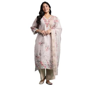 Women's <b>Linen</b> Woven Floral Embroidered Knee Length Straight Kurta & Pant with Dupatta 3-<b>Piece</b> Set - Product Image 1